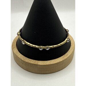 Hammered Gold Tone Bracelet With Clear Rhinestones Accents & Organic Design